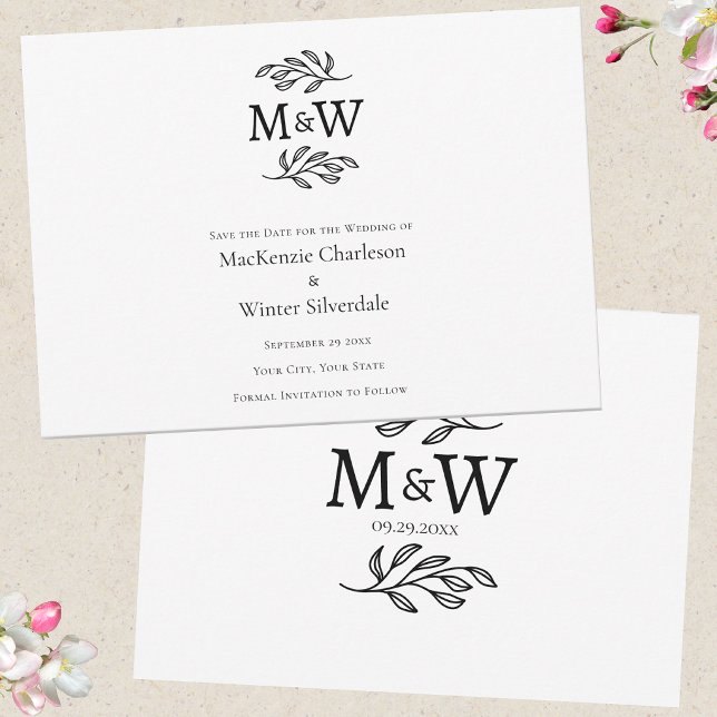 Save The Date Initiales de monogramme simple de couple de mariag (Modern elegant save the date wedding invitations with couple monogram initials & botanical line art)