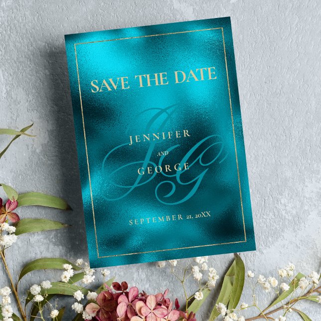 Save The Date Initiales en monogramme métallique turquoise Enreg (Turquoise metallic monogram initials Save The Date)
