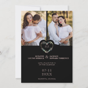 Save The Date Initiales Fleur rose Cœur 2 Photos sur fond noir