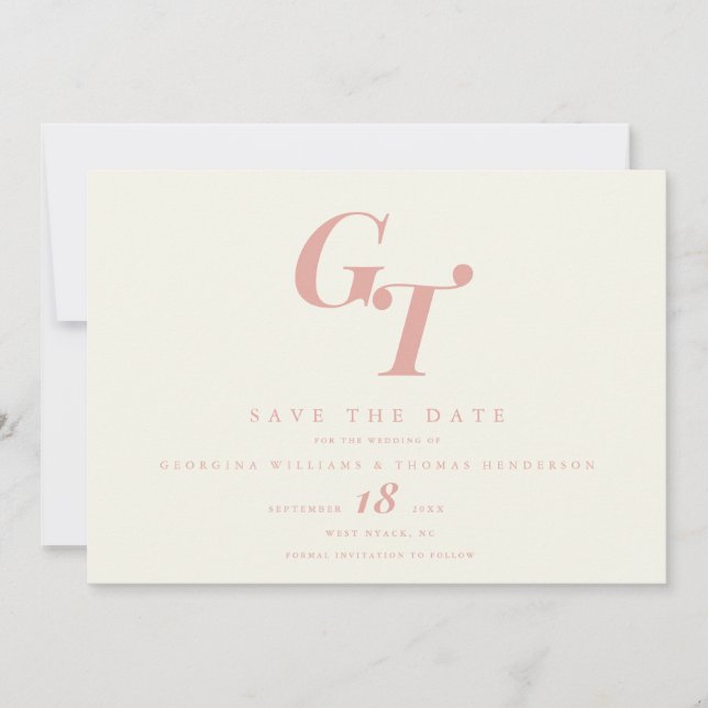Save The Date Initiales Minimales | Mariage Moderne Chic Corail  (Devant)