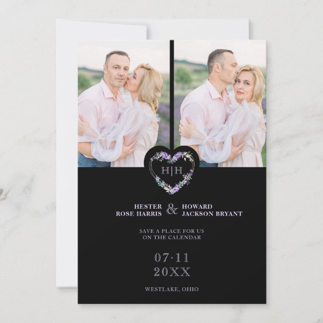 Save The Date Initials Floral Purple Heart 2 Photos on Black (Devant)