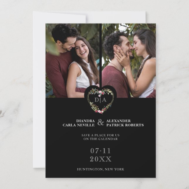 Save The Date Initials Floral Red Heart 2 Photos on Black (Devant)