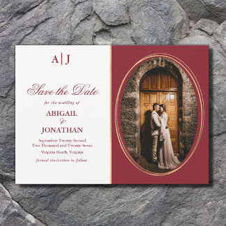 Save The Date Initials Formal Red, Gold and White Photo Wedding