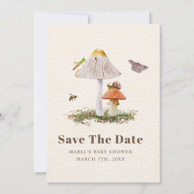 Save The Date Insectes Champignons Bois Baby shower naturel (Devant)