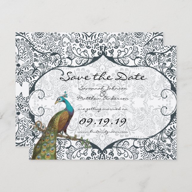 Save The Date Inséparable Whimsical Peacock de la Marine Enregis (Devant / Derrière)