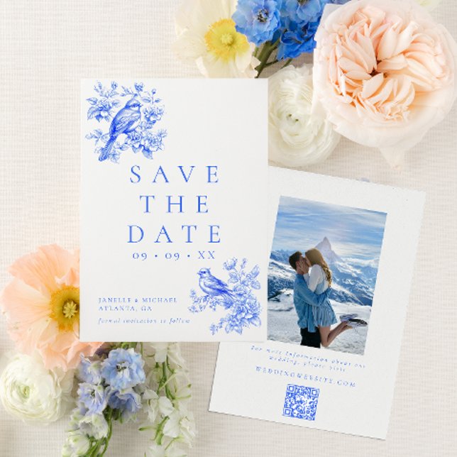 Save The Date Inséparables Blue Chinoiserie QR Code Mariage phot (Créateur téléchargé)