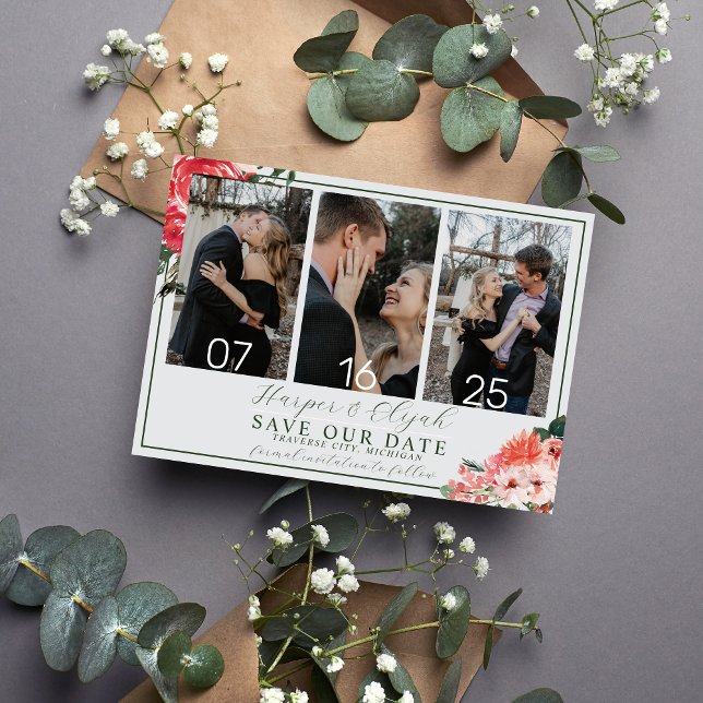 Save The Date Intemporel Floral Blush Red Green Classic Mariage (Créateur téléchargé)