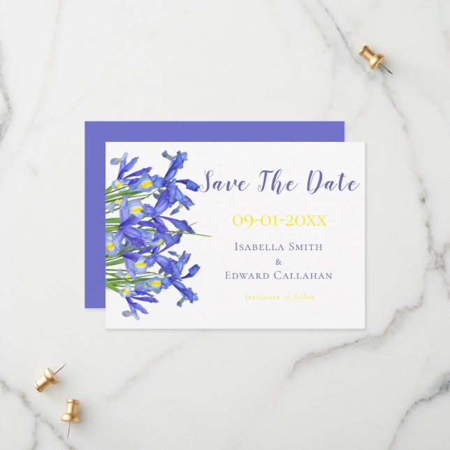 Save The Date Iris Bleus Romantiques Mariage Aquarelle Florale (Devant/Arrière en situation)