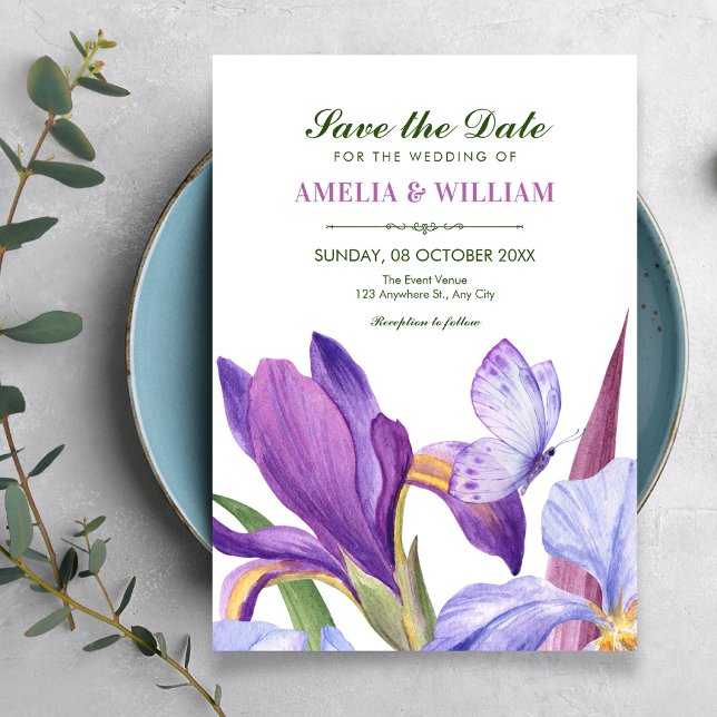 Save The Date Iris pourpre floraison aquarelle  (Créateur téléchargé)