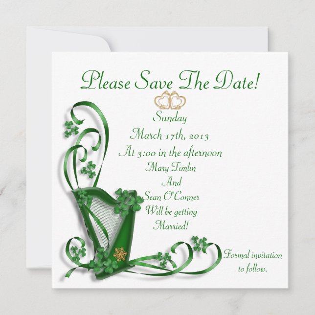 Save The Date Irlandais Enregistrer la date pour Mariage, Harp (Devant)