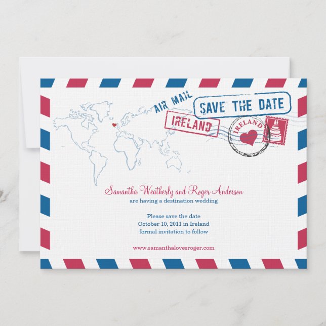 Save The Date Irlande Air Mail Wedding Enregistrer La Date (Devant)