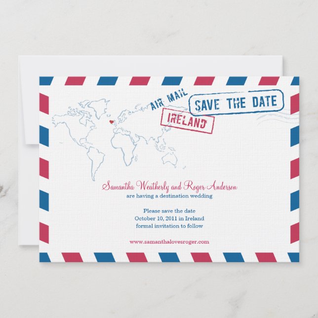 Save The Date Irlande Air Mail Wedding Enregistrer La Date (Devant)