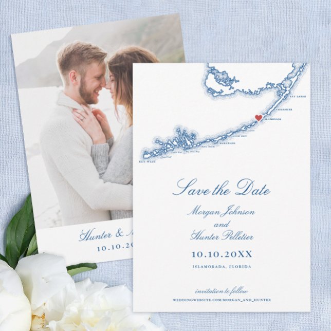 Save The Date Islamorada Florida Keys Elegant Mariage bleu marin (Islamorada Florida Keys Wedding Save the Dates in Elegant Navy Blue from Coastal Map Designs)