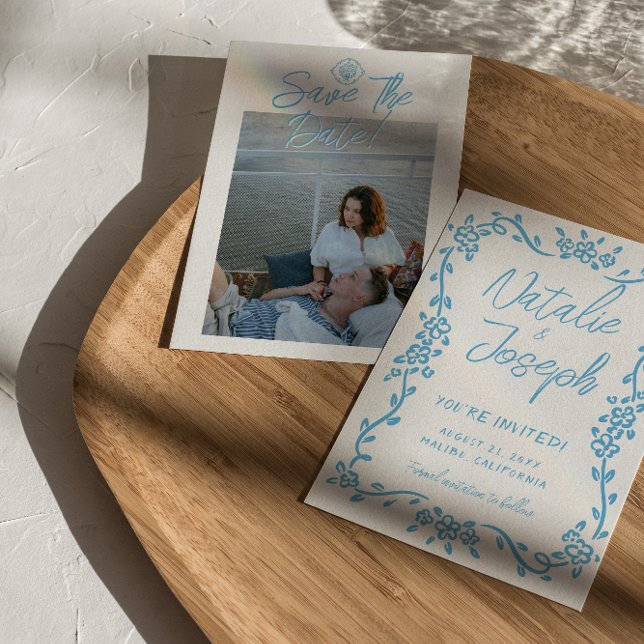 Save The Date Italie Bleu Main tiré Méditerranée Mariage photo (Créateur téléchargé)