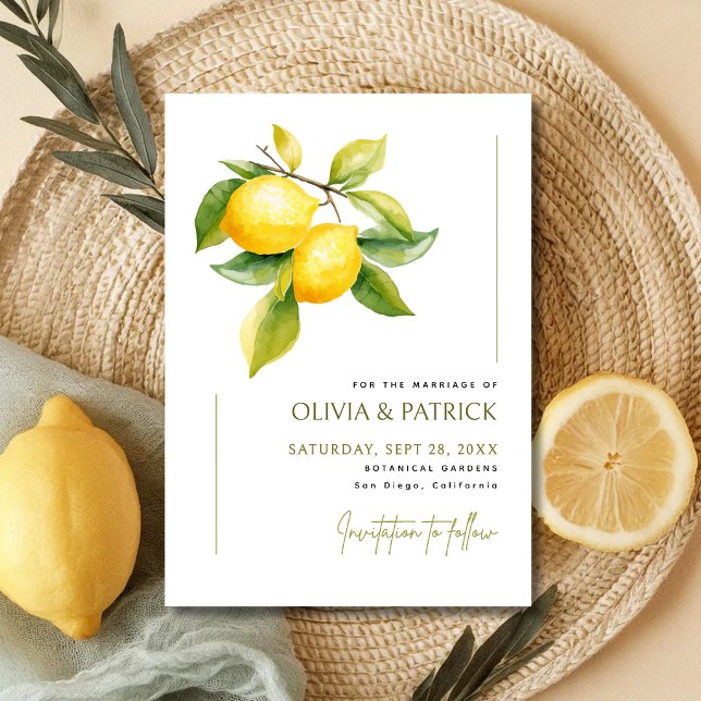 Save The Date Italie Méditerranéenne Grèce Citron Mariage Vibran (Mediterranean lemon save the date adds vibrant Italian charm to your wedding.)