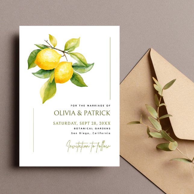 Save The Date Italie Méditerranéenne Grèce Citron Mariage Vibran (Mediterranean lemon save the date shares your wedding plans with bright, joyful charm.)