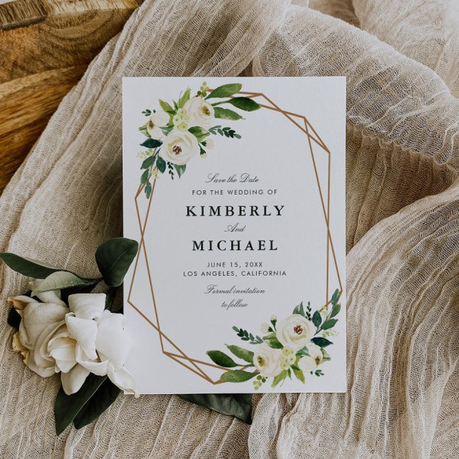 Save The Date ivoire blanc floral géométrique enregistrer la car (Créateur téléchargé)