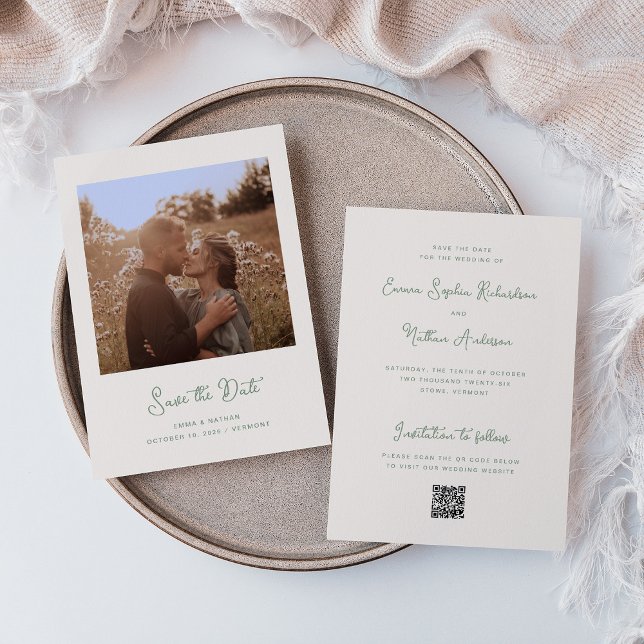 Save The Date Ivoire et Sage doux Whimsical | Photo et code QR (An elegant, ivory cream save the date card with sage green text)