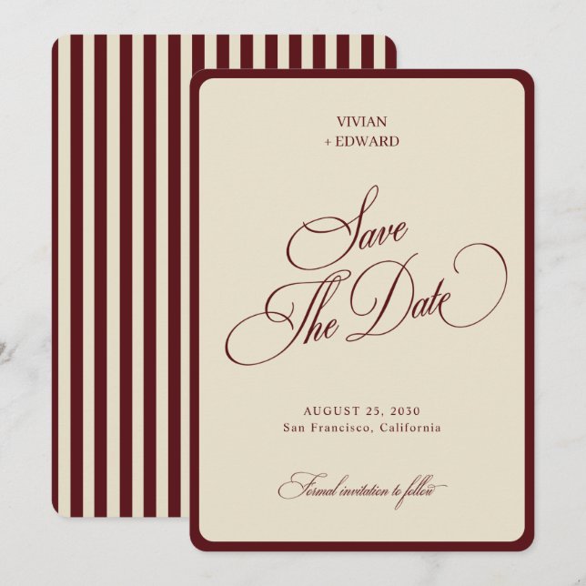 Save The Date Ivory & Burgundy Rayures Bordure Mariage Rétro (Devant / Derrière)