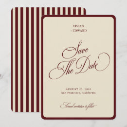 Save The Date Ivory & Burgundy Stripes Border Retro Wedding