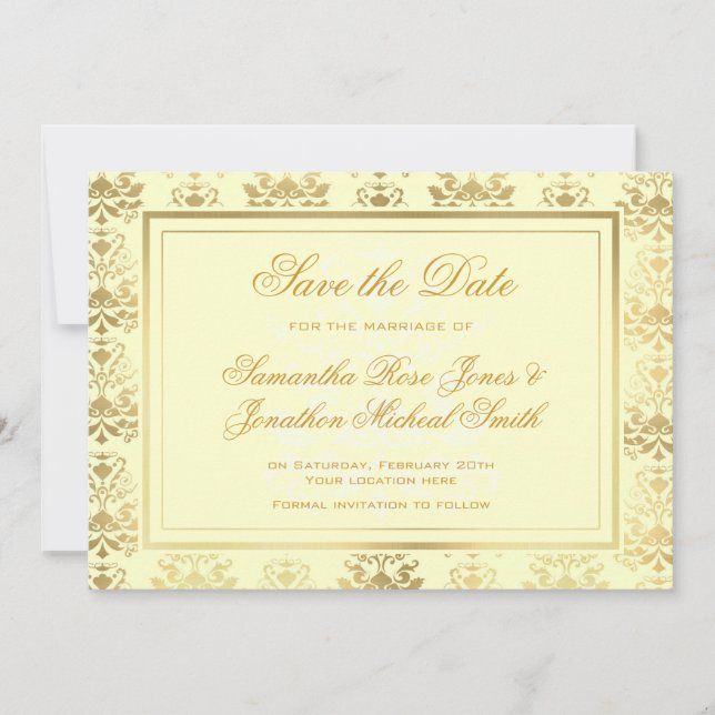 Save The Date Ivory & Gold Damask Enregistrer la date (Devant)