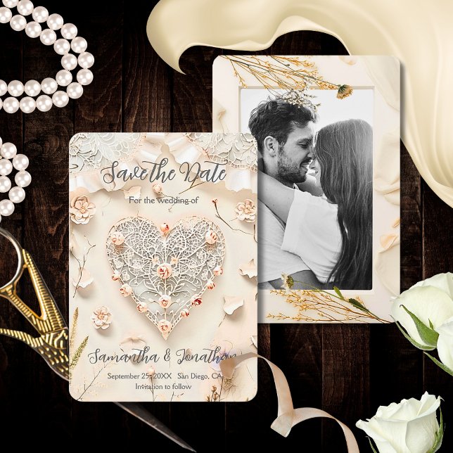 Save The Date Ivory Lace Heart Photo Floral Romantic Spring (Créateur téléchargé)