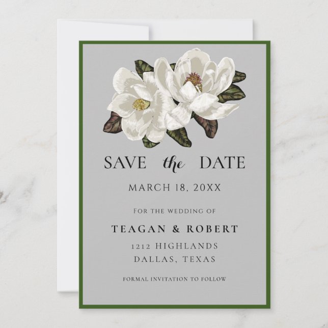 Save The Date Ivory Magnolia fleurit sur gris (Devant)