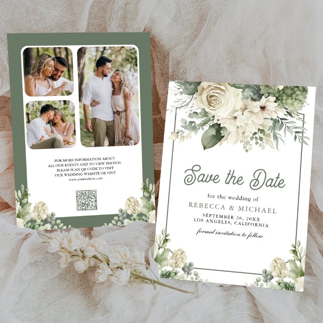 Save The Date Ivory Sage Green Floral QR Code Photo Mariage (Créateur téléchargé)