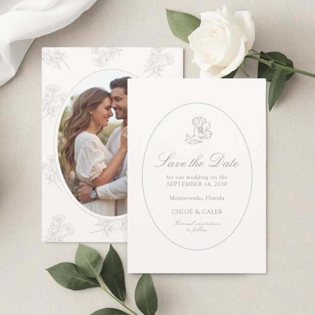 Save The Date Ivory & Sand | Chic Floral Couple Script Wedding (Créateur téléchargé)