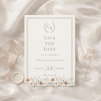 Save The Date Ivory taupe monogram floral wreath wedding