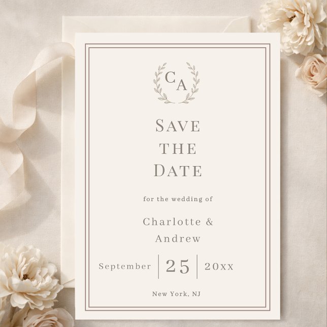 Save The Date Ivory taupe monogram wreath wedding (Créateur téléchargé)