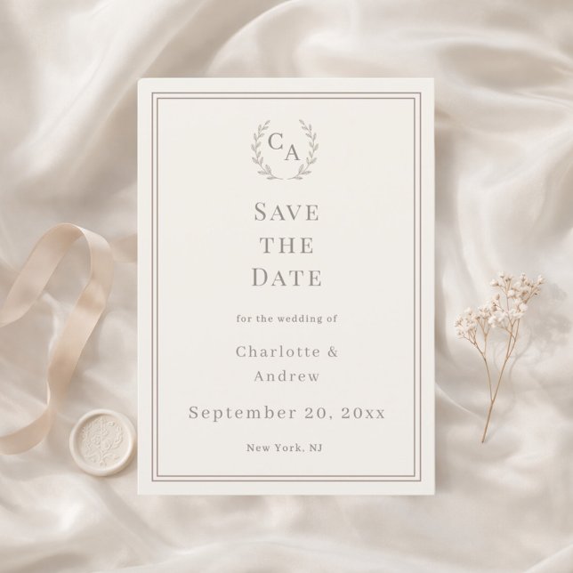 Save The Date Ivory taupe monogrammed wreath wedding (Créateur téléchargé)