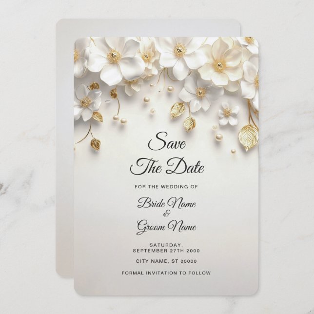 Save The Date Ivory White Floral Gold Feuilles Enregistrer la da (Devant / Derrière)