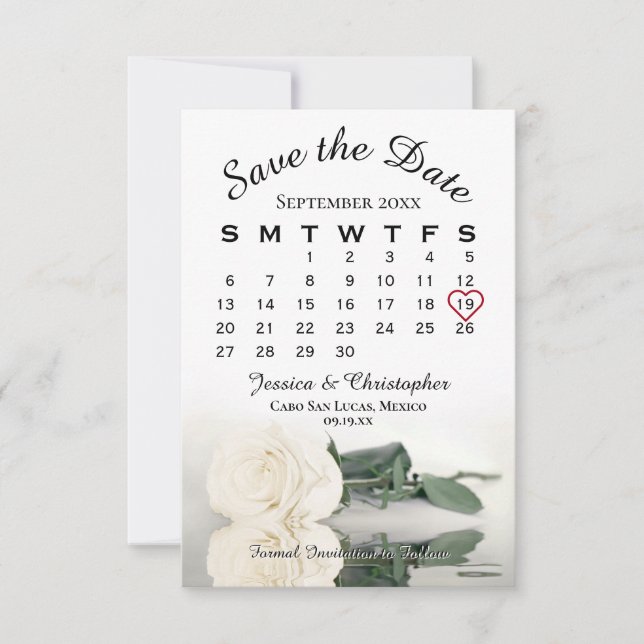 Save The Date Ivory White Rose Élégant calendrier de mariage (Devant)