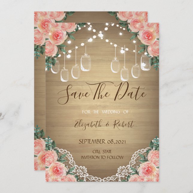 Save The Date Jar Mason Rustique, Dentelle, Floral Enregistrer L (Devant / Derrière)