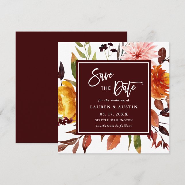 Save The Date Jardin d'automne Bourgogne Aquarelle Mariage Carré (Devant / Derrière)