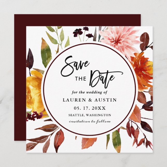 Save The Date Jardin d'automne Mariage Carré d'aquarelle Enregis (Devant / Derrière)