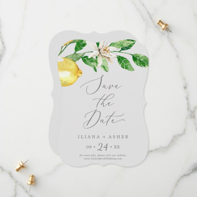 Save The Date Jardin de citron moderne | Mariage gris (Devant/Arrière en situation)