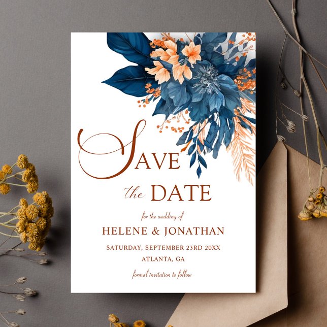 Save The Date Jardin Elégant Marine Bleu Orange Floral Mariage (Garden Elegant Navy Blue Orange Floral Wedding Save The Date)