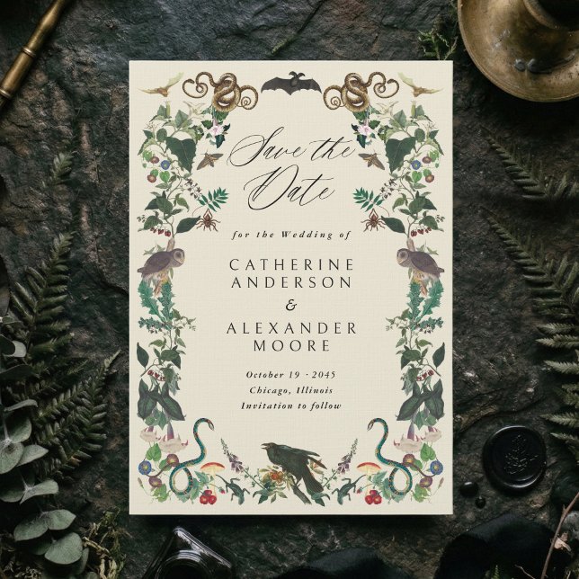 Save The Date Jardin Enchanté Gothique Botanique Mariage (Dark romantic subtle gothic wedding save the date card with vintage plants and animals frame)
