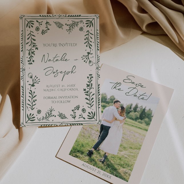 Save The Date Jardin floral dessiné à la main vert foncé Photo m (Créateur téléchargé)