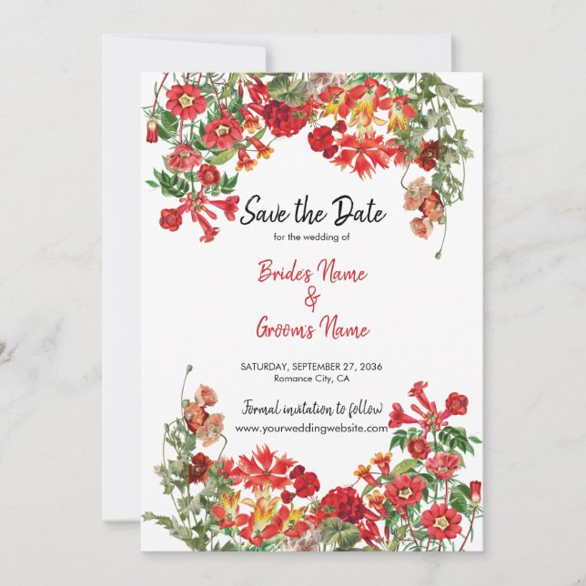 Save The Date Jardin Floral Rouge Mariage de fleurs botaniques (Devant)