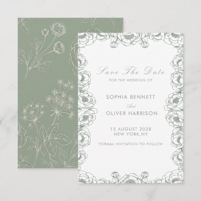 Save The Date jardin floral vert sauge simple et chic (Devant / Derrière)