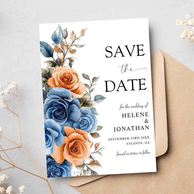 Save The Date Jardin Marine Bleu Terracotta Rouille Mariage élég (Garden Navy Blue Terracotta Rust Elegant Wedding Save The Date)