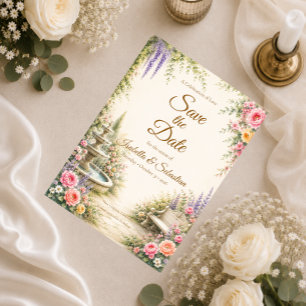 Save The Date Jardin Romantique Fontaine Élégance Mariage