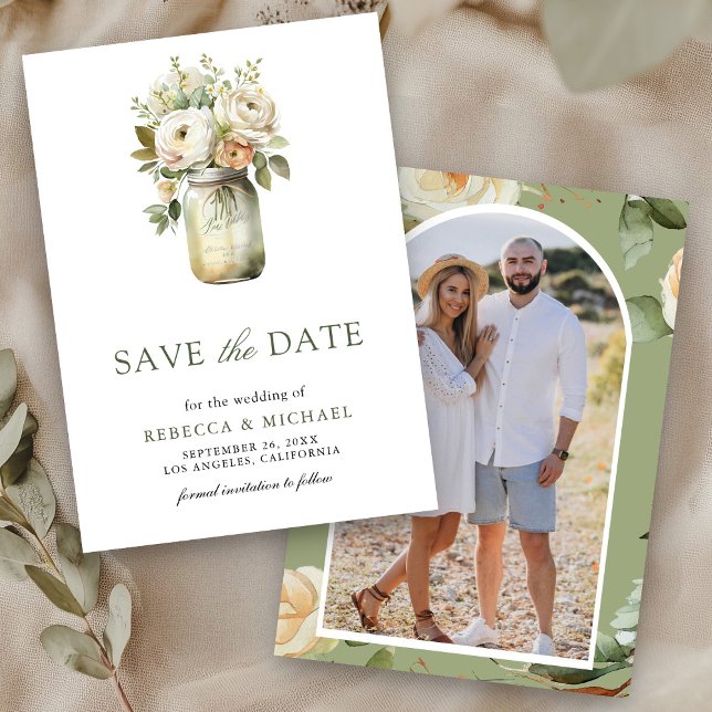 Save The Date Jarre en bocal Mason avec roses blanches pour mari (Créateur téléchargé)