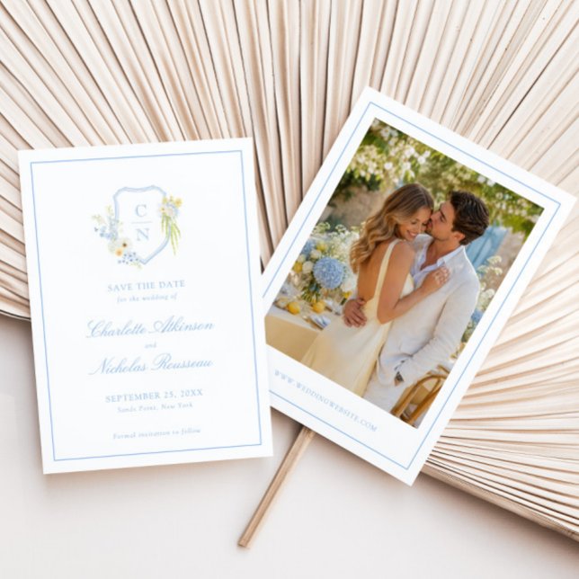 Save The Date Jaune Beurre Bleu Floral Monogramme Blason Mariage (Créateur téléchargé)