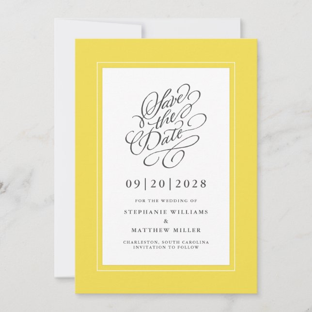 Save The Date Jaune Élégant Mariage Calligraphie Script Chic (Devant)