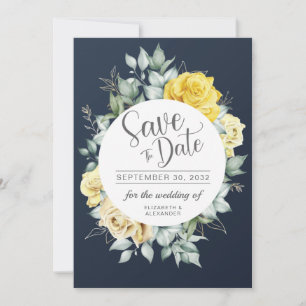 Save The Date Jaune fleurie classe verdure bleu marine mariage