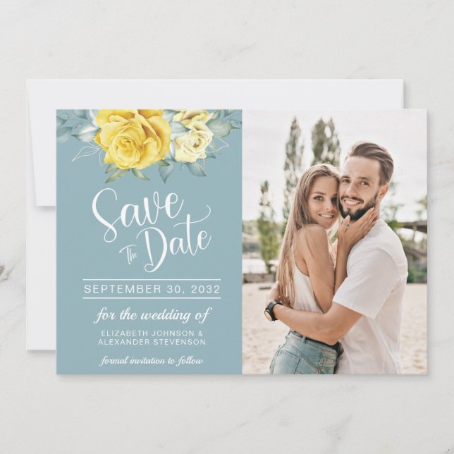 Save The Date Jaune fleurie classe verdure été photo mariage (Devant)